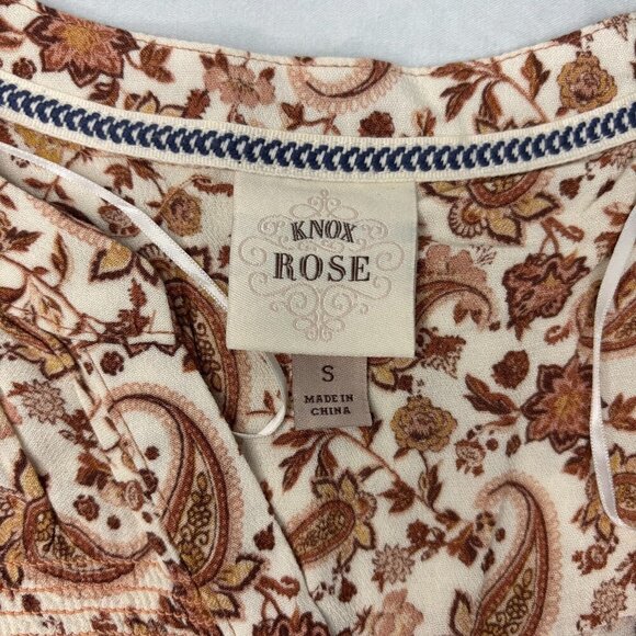 KNOX ROSE Top Women's Small Ivory Brown Hi Lo Hem V-Neck Smocked Tunic Paisley - Picture 4 of 5